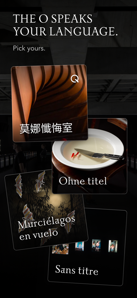 The O - Screenshot showing The O app multi-language support feature with artwork titles in several languages