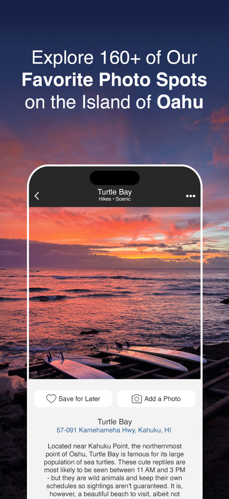 Oahu Offline Island Guide - App interface showing a stunning sunset at Turtle Bay photo spot on Oahu
