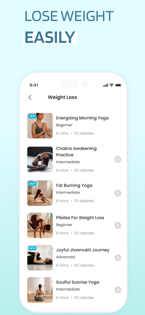 YogaFit app screen listing various yoga and pilates workouts for weight loss