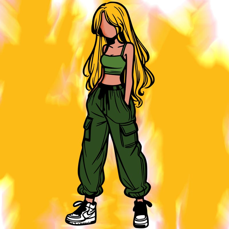 girl in baggy pants crop top and long hair