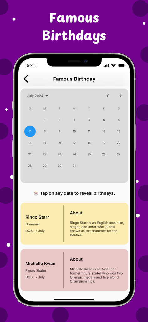 Birthday Wishes, Text Messages - Una interfaz móvil que muestra un calendario para encontrar cumpleaños de celebridades famosas seleccionando una fecha específica.