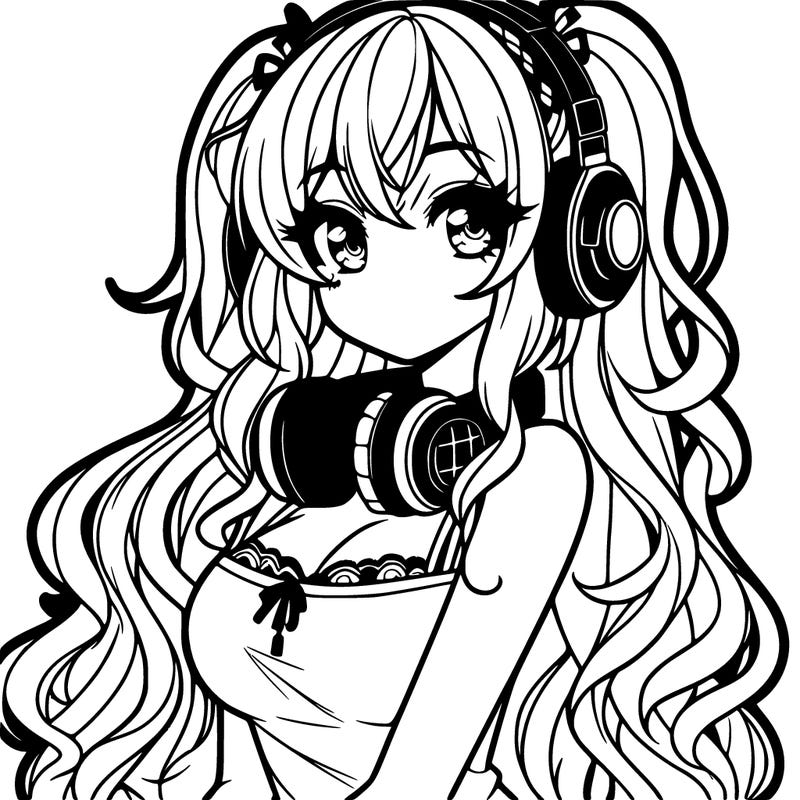 pretty anime gamer girl with long wavy hair