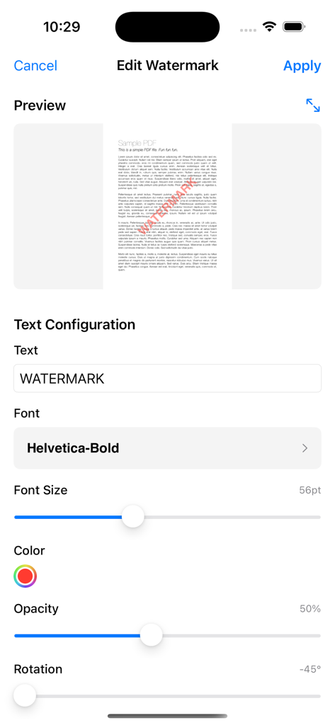 Interfaccia mobile per la configurazione delle impostazioni della filigrana di testo su un documento PDF