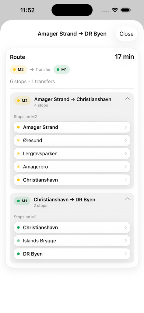 Copenhagen subway route planner screen showing directions from Amager Strand to DR Byen