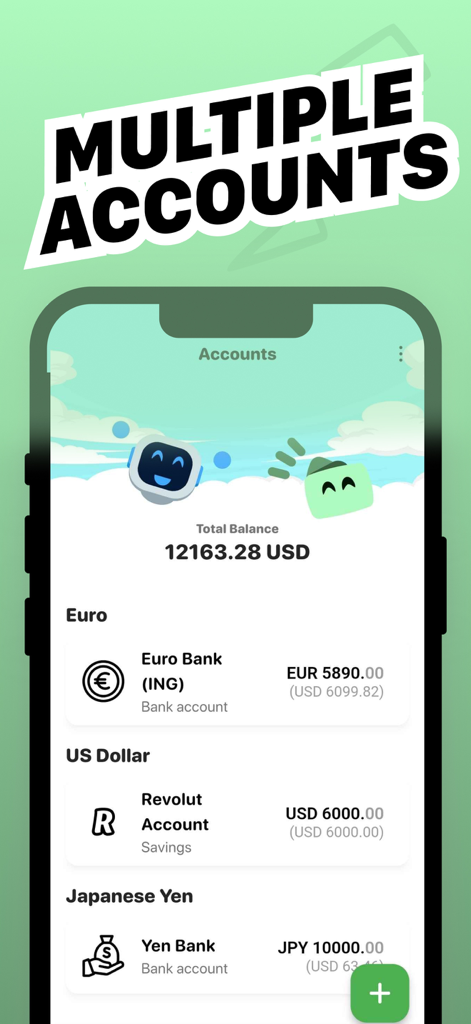 Wally: Debt Tracker Budget - Captura de pantalla de la pantalla de Cuentas de la aplicación Wally que muestra saldos de múltiples bancos y monedas, incluyendo Euro, Dólar Estadounidense y Yen Japonés