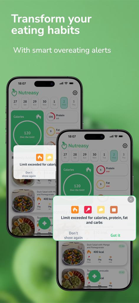 Two iPhones displaying the Nutreasy app with smart notifications for exceeding daily calorie and macronutrient limits