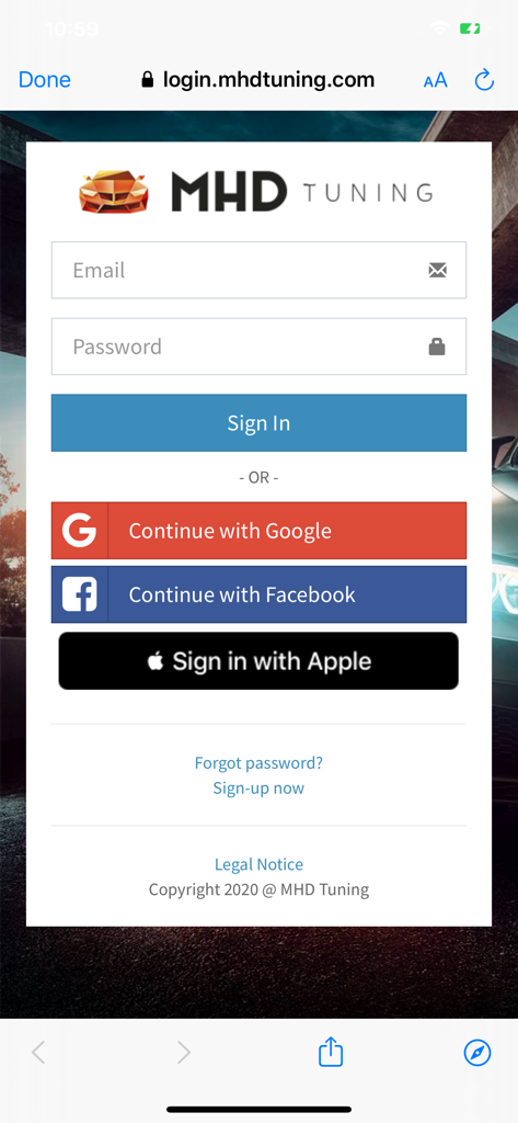 Pantalla de inicio de sesión de MHD Flasher con opciones de inicio de sesión por correo electrónico y redes sociales.