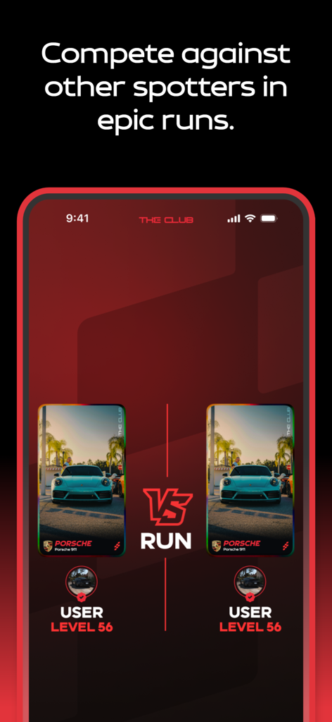 The Club (Carspotting app) - Mobile app interface showing a head-to-head car spotting competition with Porsche 911 cards