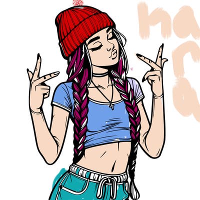 realistic teenage girl with braids and a beanie and crop top doing 🫶🏼