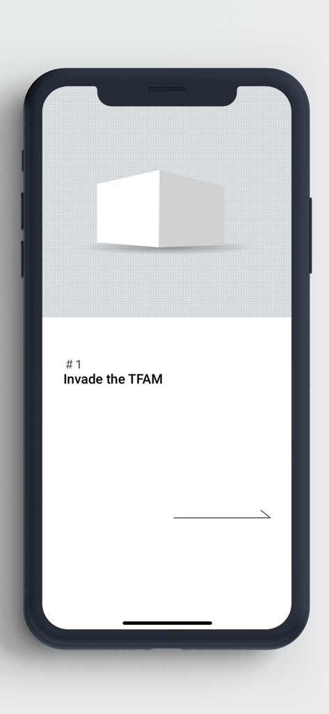 臺北市立美術館Taipei Fine Arts Museum - A minimalist mobile app screen from the Taipei Fine Arts Museum featuring a geometric graphic and the title Invade the TFAM.