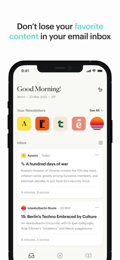 Aposto - Aposto app interface showing curated newsletters and an organized news inbox on a smartphone.