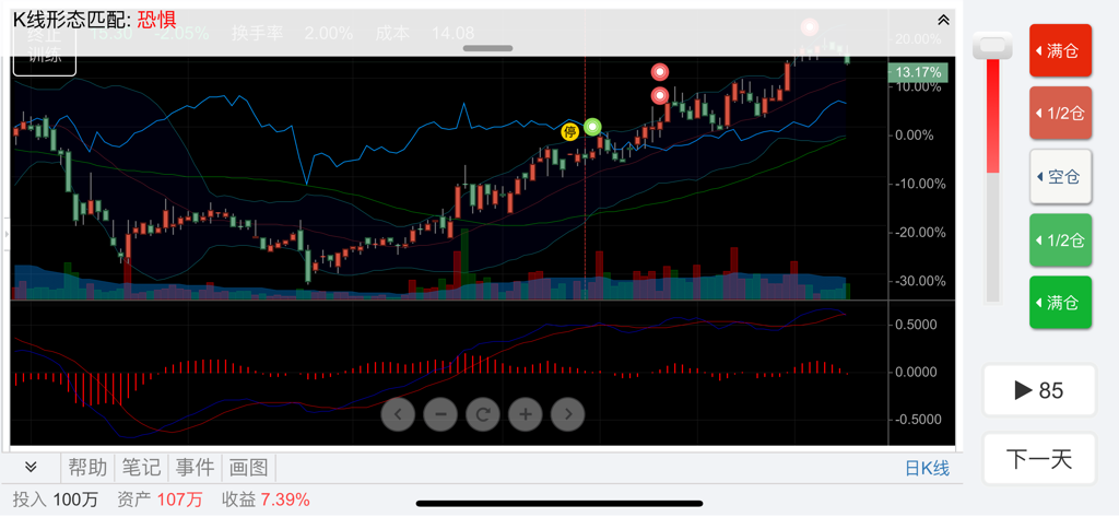 大操盘手-模拟炒股交易K线训练 - Interface of the Big Trader app displaying a candlestick chart for technical analysis and stock trading simulation