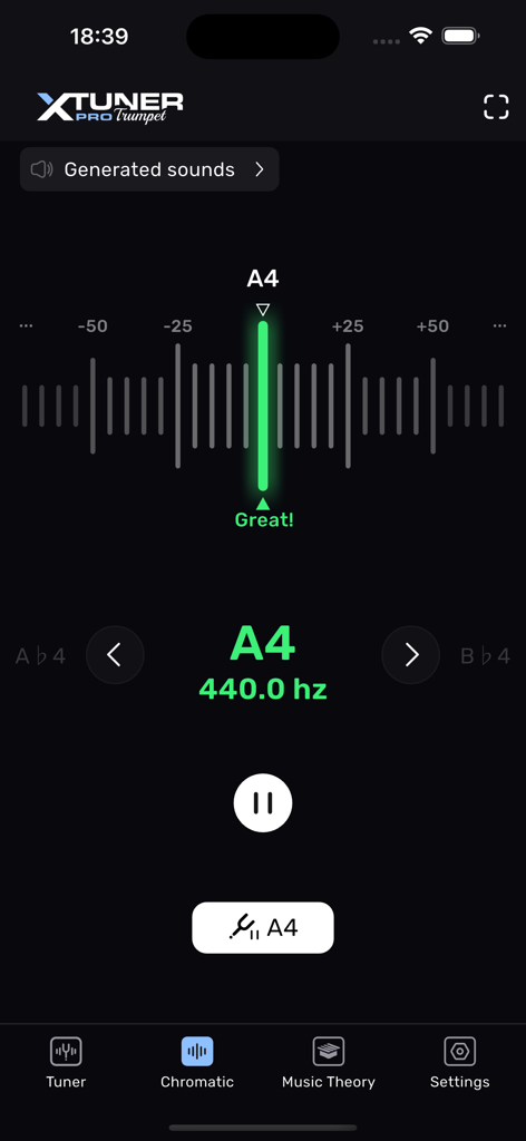 Trumpet Tuner – XTuner PRO - Trumpet Tuner XTuner PRO chromatic tuning screen showing A4 at 440Hz
