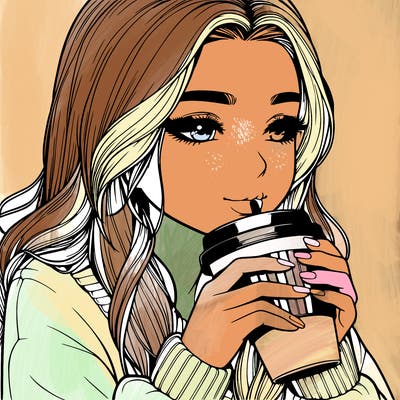 realistic girl drinking coffee