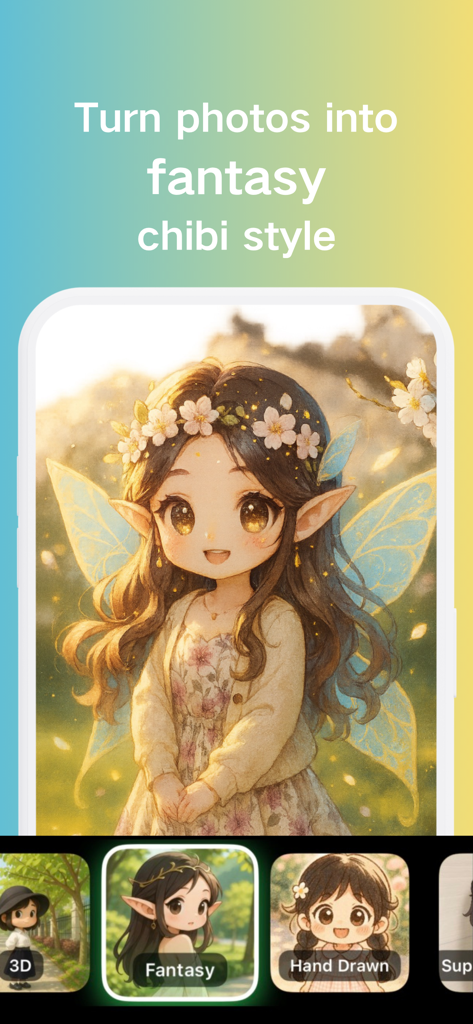 Chibi Maker :AI Avatar & Video - Avatar chibi de fantasia gerado por IA de uma garota fofa com orelhas de elfo e asas de borboleta