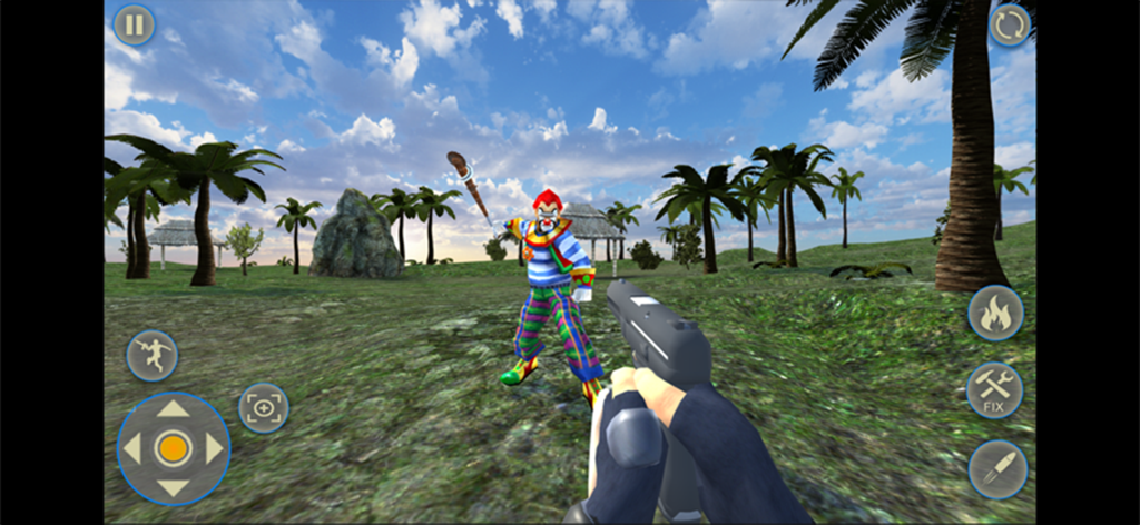 Scary Horror Clown Games - First person shooter perspective of a player aiming a handgun at a scary clown in a tropical outdoor environment.