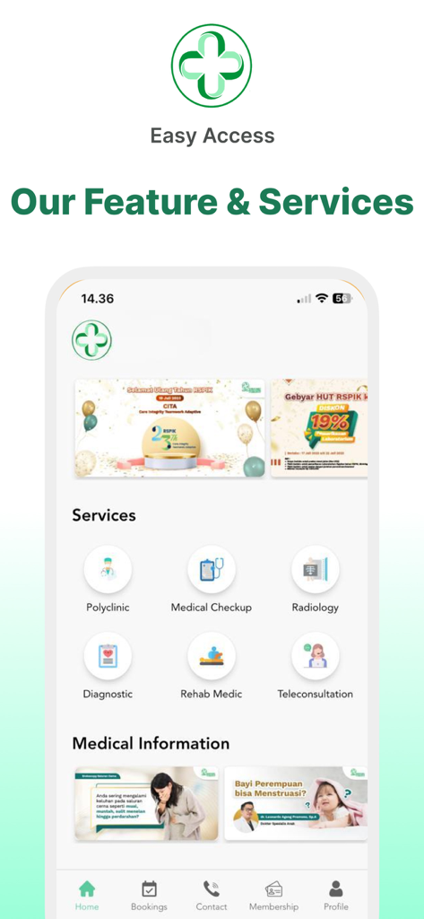 MyRSPIK - The home screen of the MyRSPIK mobile app showing hospital services including polyclinic, medical checkup, and radiology.