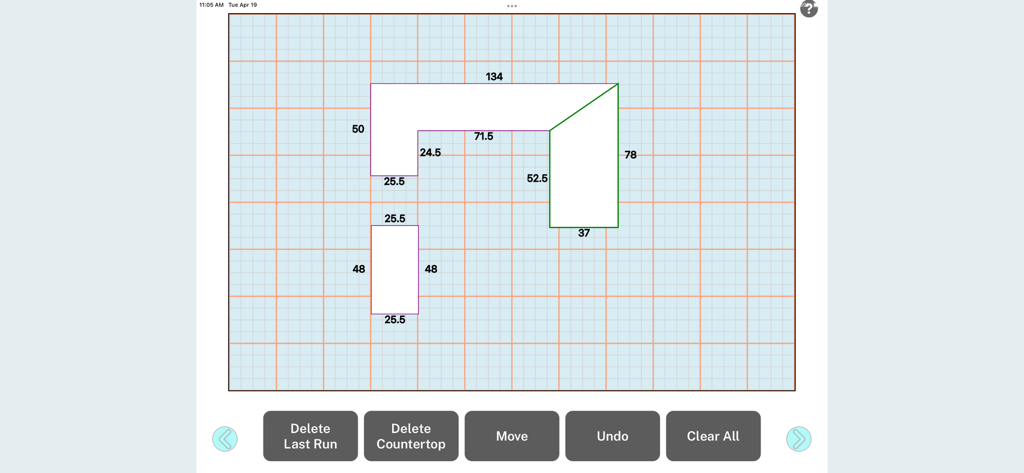 Digital sketch of a kitchen countertop layout showing precise measurements in the Countertops Draw app.
