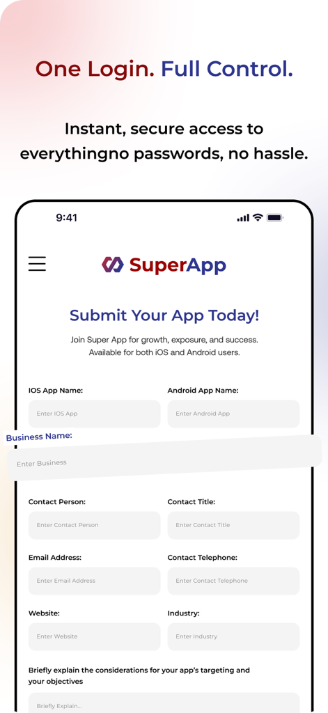 SuperApp, Inc. - SuperApp developer submission form for listing iOS and Android mobile applications.