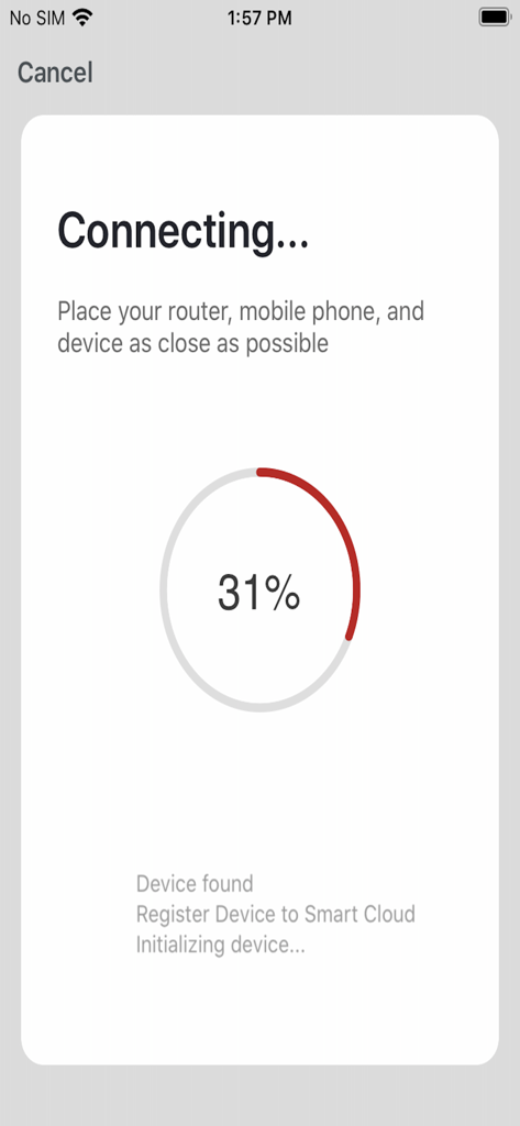 Setup screen in the Havells DigiTap app showing 31 percent progress while connecting a new smart device