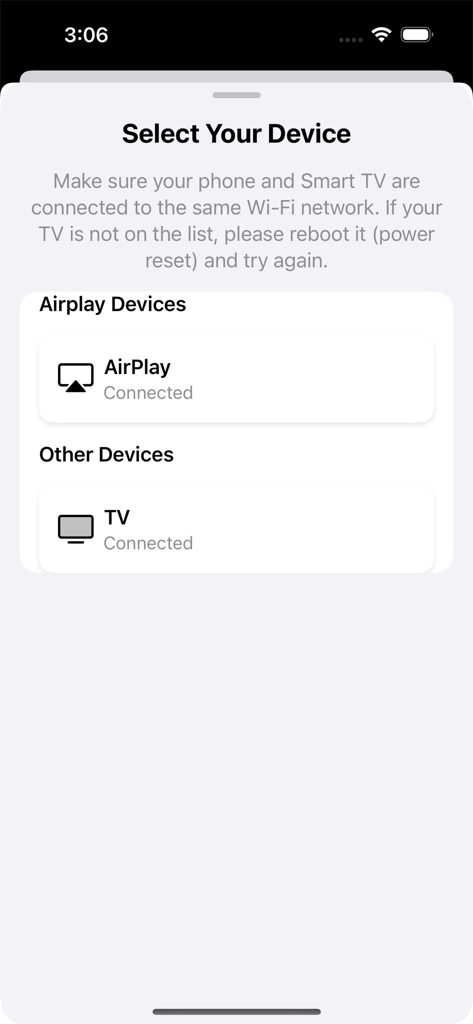 AirScreen Cast - AirScreen Cast app interface for selecting a smart TV or AirPlay device to start screen mirroring.