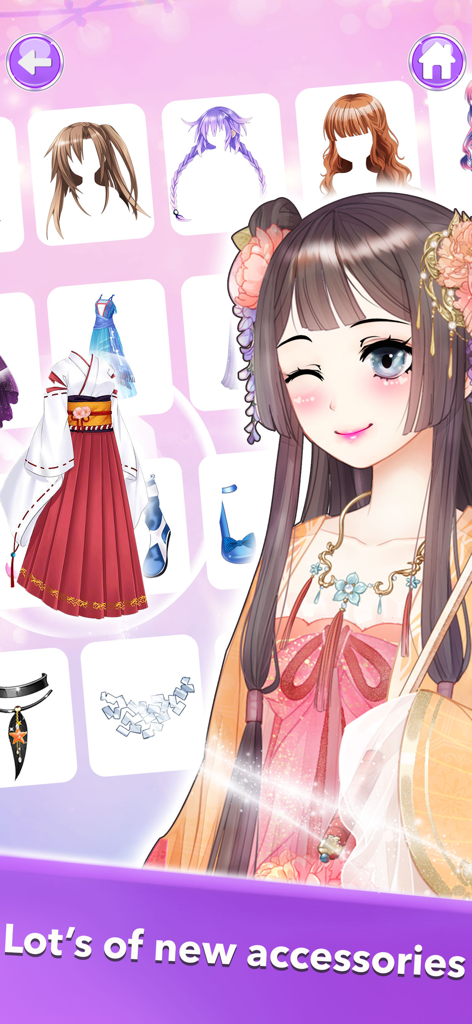 Anime Dress up Games Fashion - Pantalla de personalización de personaje de anime que muestra varios peinados, vestidos tradicionales y accesorios en un juego de vestir.