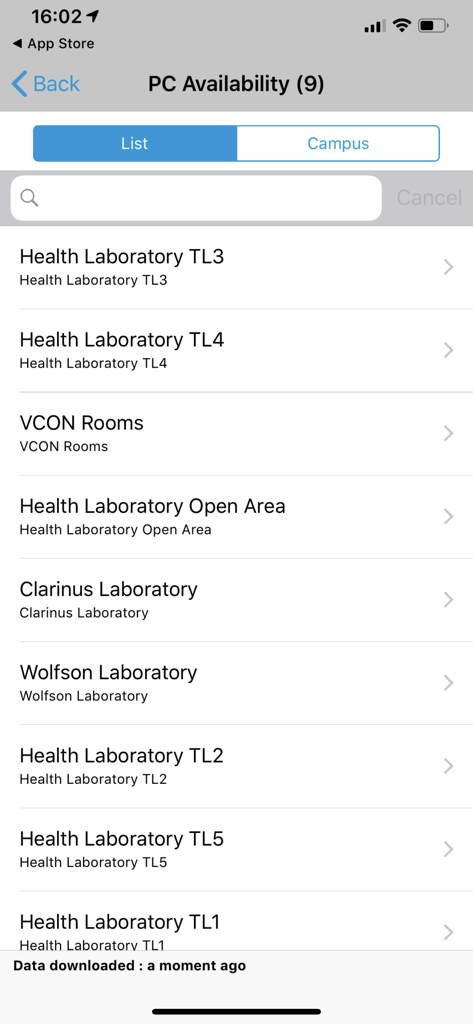 University of Cape Town - Interface of the UCTMobile app showing a list of campus computer laboratories to check for PC availability.