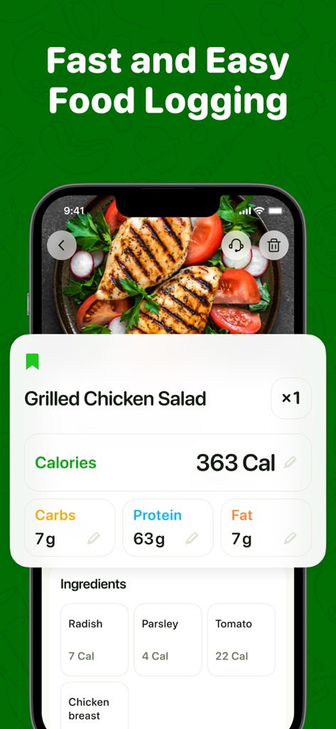 Calo: AI Food Calorie Counter - Caloアプリのインターフェースで、AI食品認識とグリルチキンサラダの栄養価の内訳を表示しています