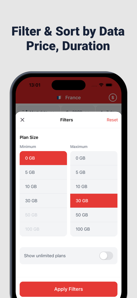 The filter screen of the eSIMs app showing options to select data plan sizes for international travel.