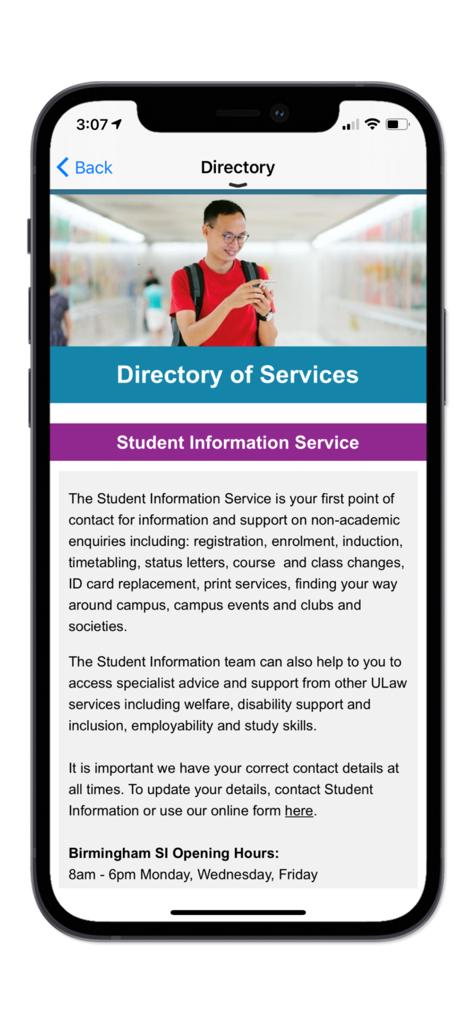 A screenshot of the My ULaw app directory page displaying student information service details and opening hours.