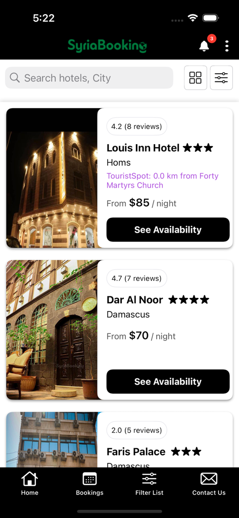 SyriaBooking - Mobile app interface of SyriaBooking showing a list of available hotels in Homs and Damascus with prices and ratings