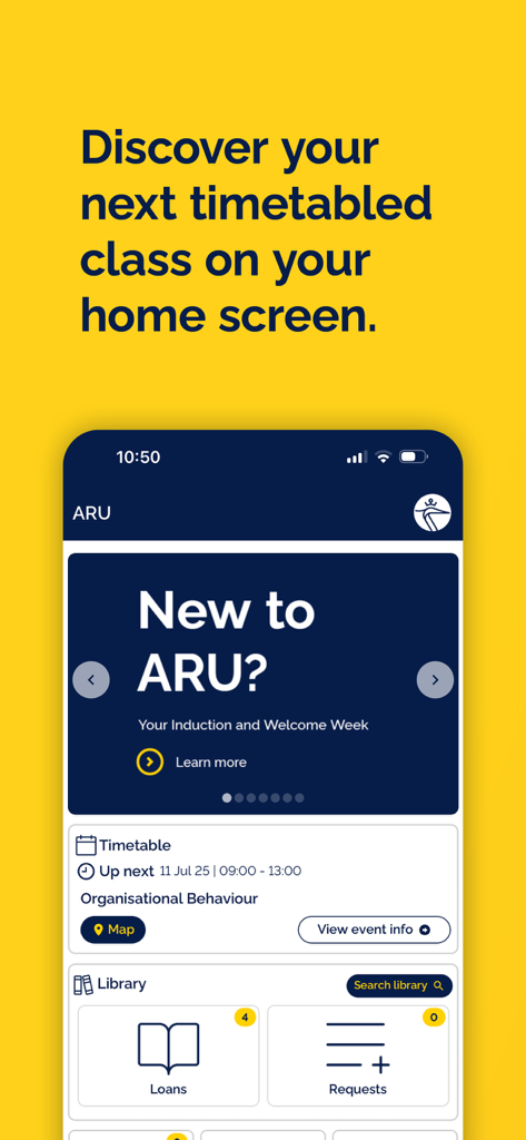 ARU-App-Startbildschirm mit personalisiertem Studenten-Stundenplan und Bibliotheksbereichen