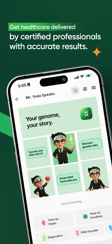 Mr. Yoda - Mobile app screen for Mr. Yoda featuring DNA analysis and personalized health risk assessment tiles.
