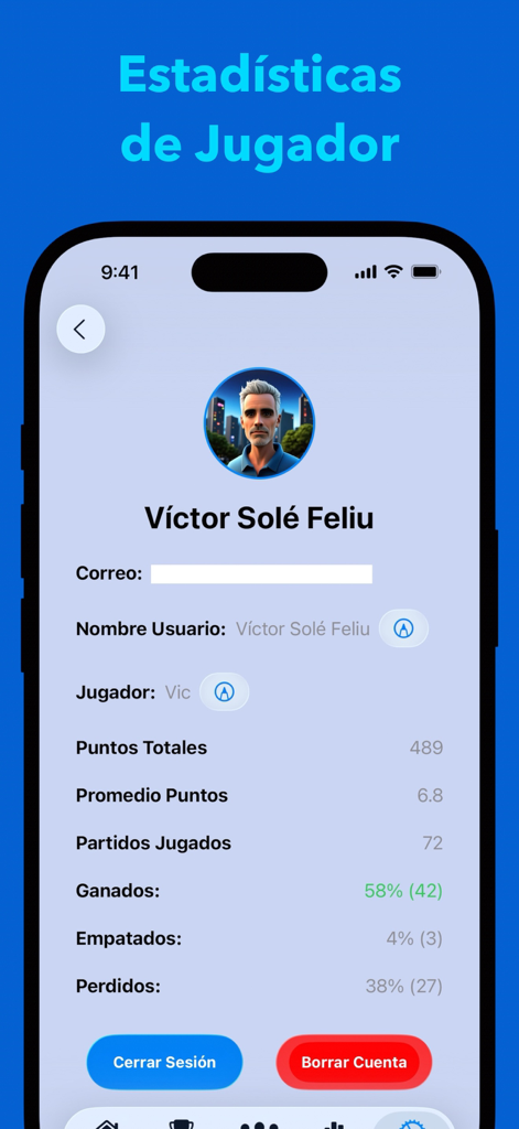 Spielerstatistiken-Bildschirm, der Leistungsdaten in der Americana Padel App anzeigt