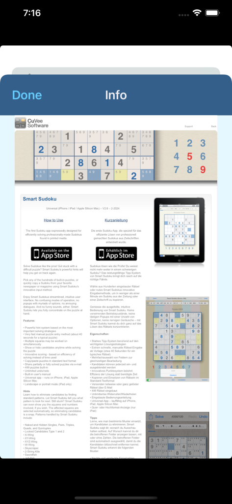 Smart Sudoku - La pantalla de información y características de la aplicación Smart Sudoku que describe sus herramientas y estrategias de resolución profesional.