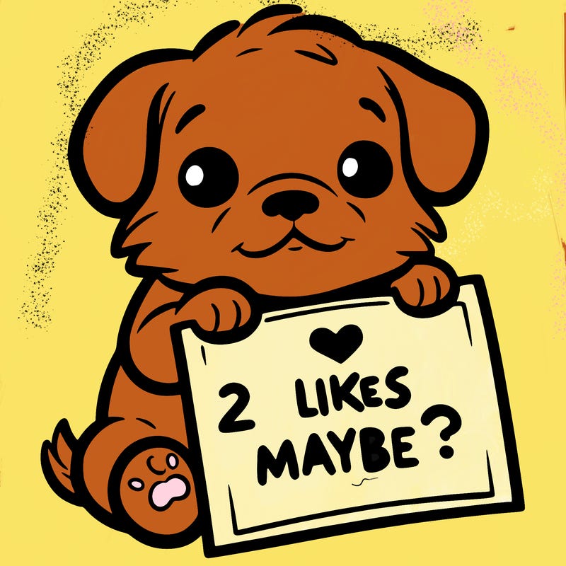 a puppy holding a sign that says 2 likes maybe?