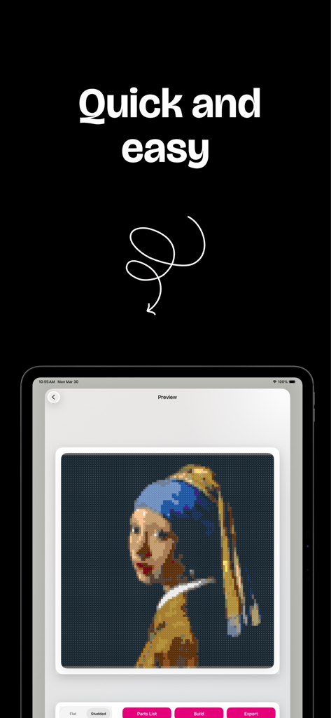 Brickart - Interface do aplicativo Brickart em um iPad mostrando uma prévia de mosaico de blocos da Moça com o Brinco de Pérola.