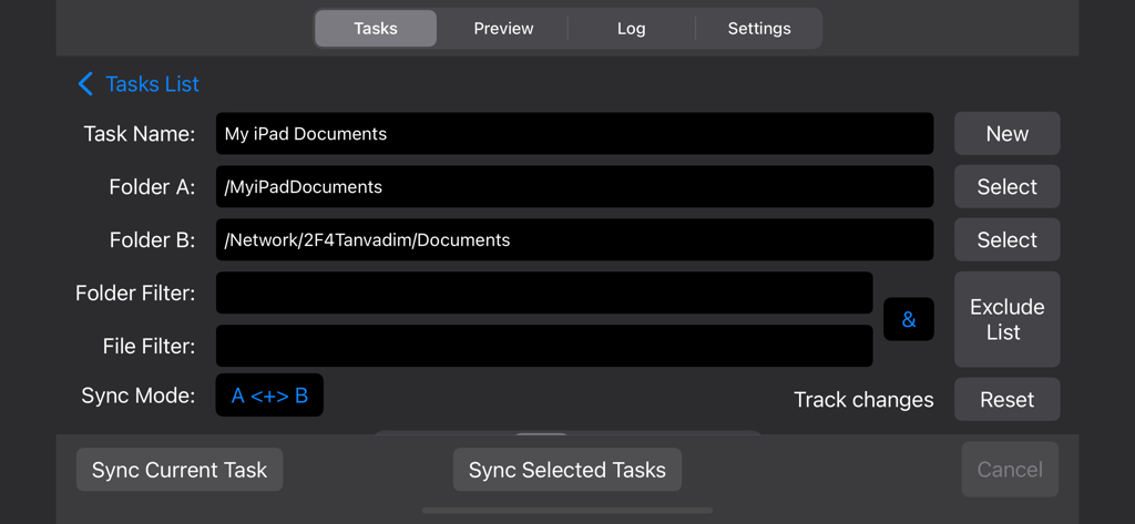 Sync Folders Pro - Configuration screen for a network folder synchronization task in Sync Folders Pro