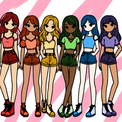a group of girls wearing crop tops and shorts