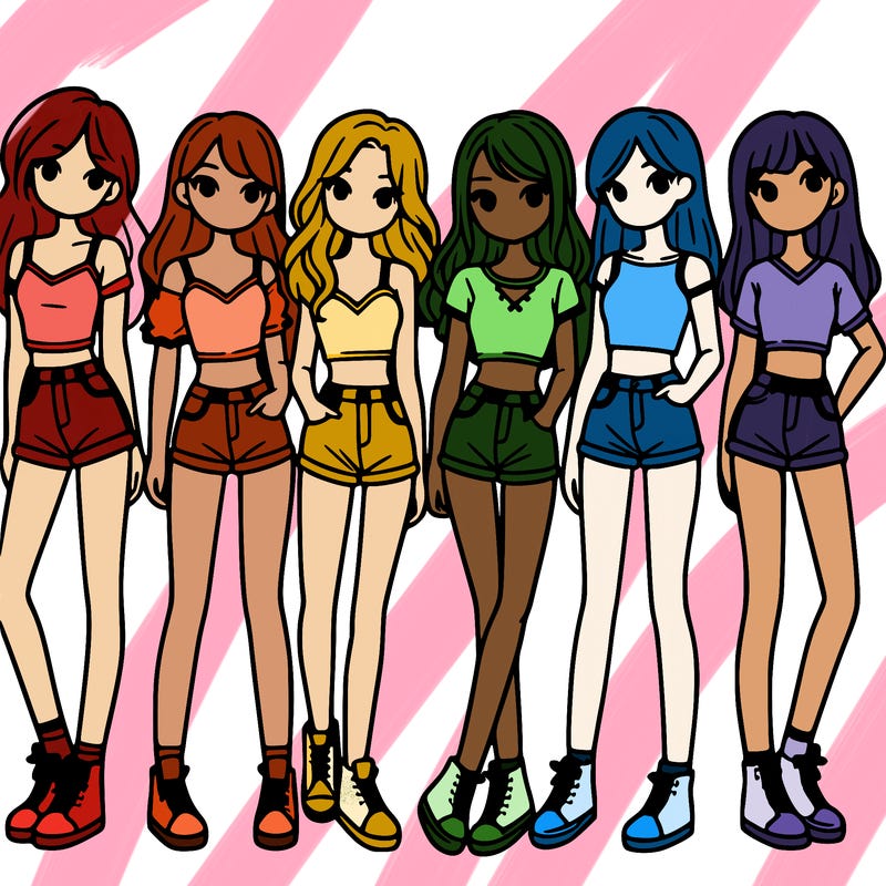 a group of girls wearing crop tops and shorts