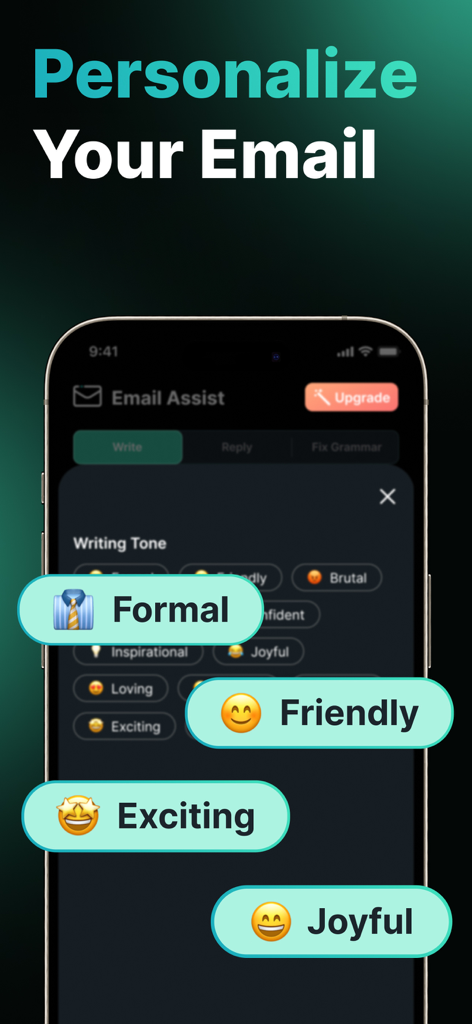 AI Email Writer - aiMail - aiMailアプリのインターフェースに、フォーマル、フレンドリー、エキサイティング、ジョイフルなどのさまざまなメール作成トーンオプションが表示されている様子。