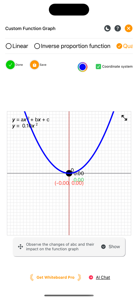 A blue quadratic function parabola on a coordinate grid within the Whiteboard app interface
