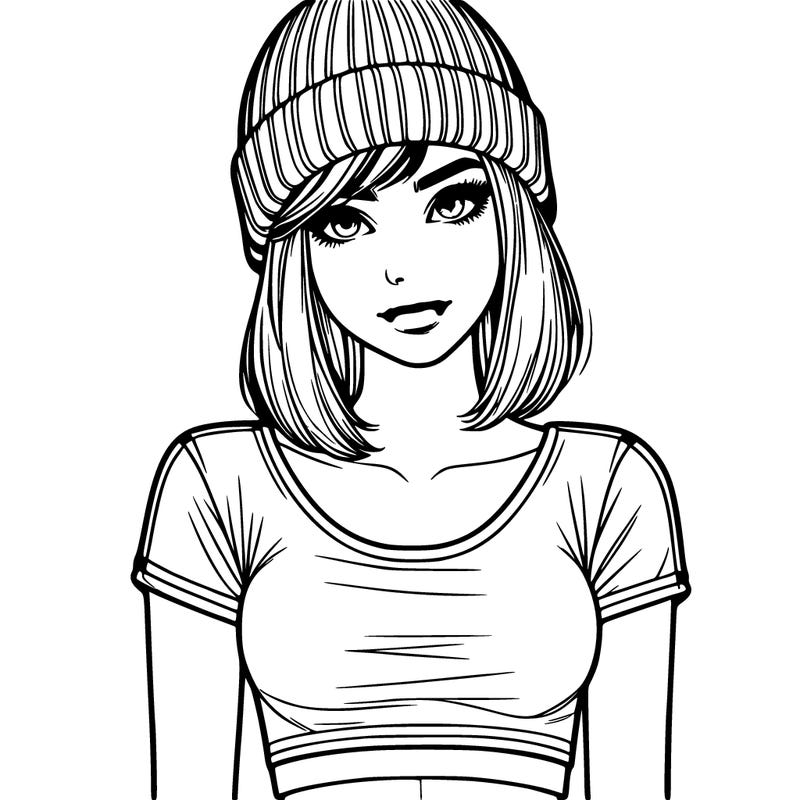 realistic teenage girl with beanie and a crop top