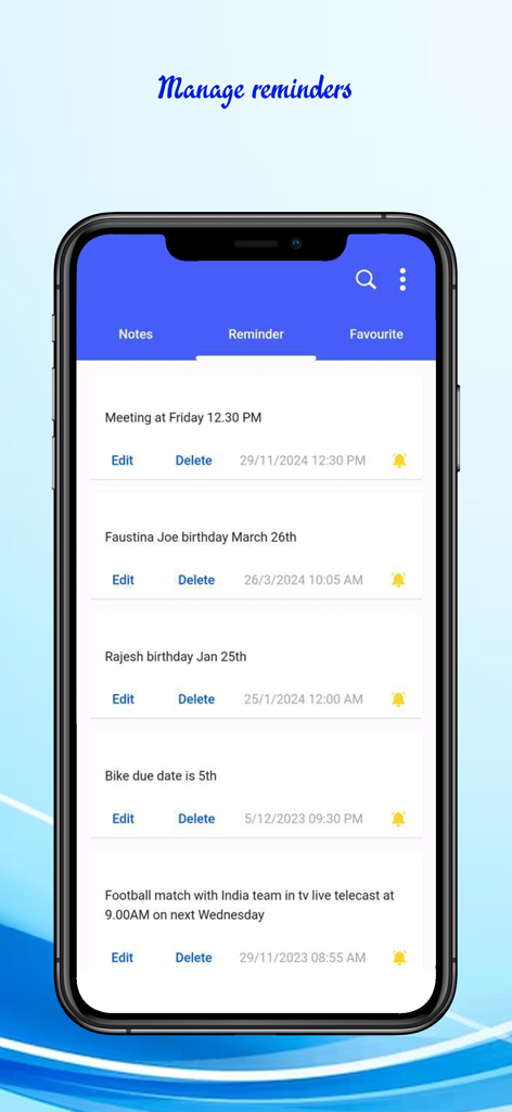 Open notes and reminder - Una pantalla de aplicación móvil que muestra una lista de recordatorios gestionados, incluidas reuniones, cumpleaños y eventos programados.