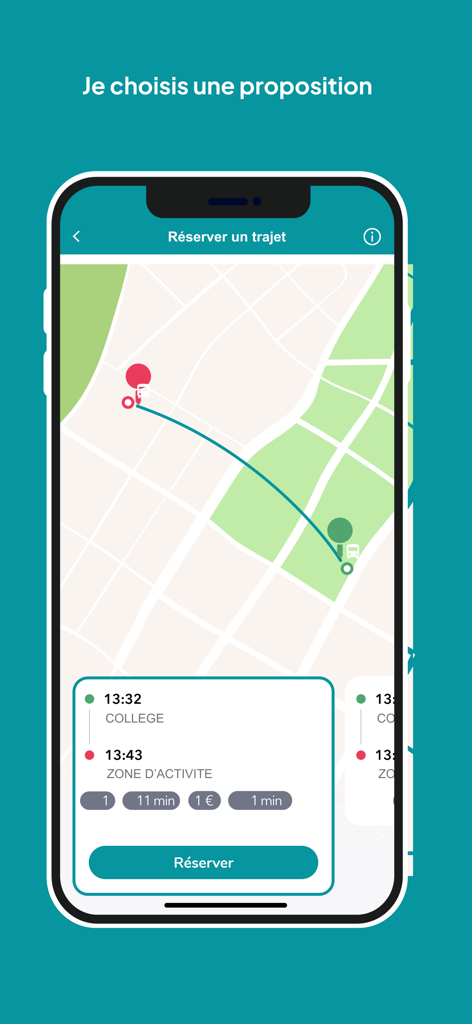 Interfaz de la aplicación TAD du Pays de Gex que muestra una ruta de transporte propuesta en un mapa con detalles de tiempo y precio