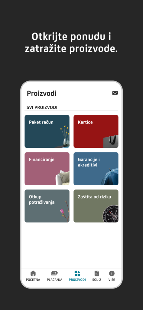 Menu prodotti nell'app di mobile banking aziendale m-zaba che mostra le categorie per conti, carte, finanziamenti e protezione del rischio