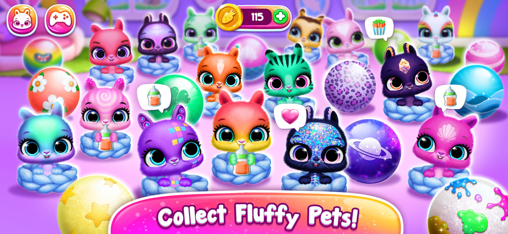 Bunnsies - Happy Pet World - Un grupo de coloridos conejos virtuales en nidos con burbujas de pensamiento de alimentación y huevos estampados.