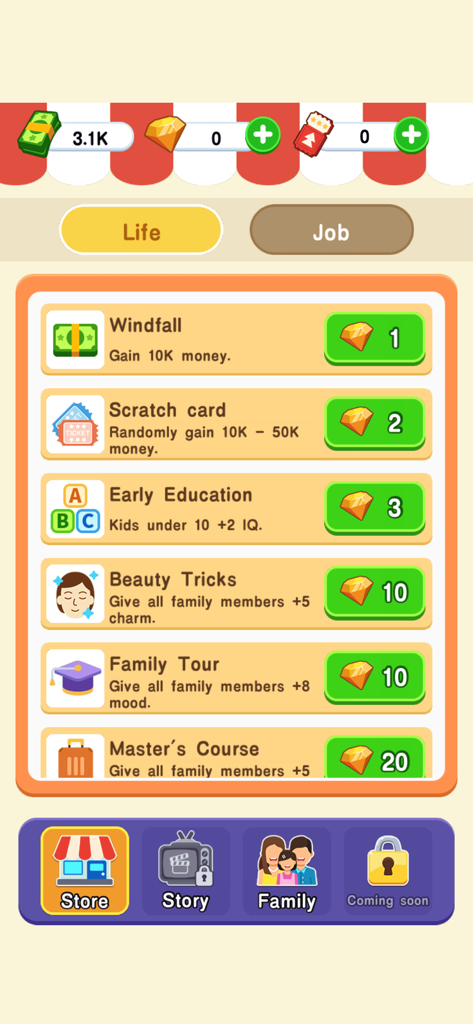 In-game store menu showing life upgrades such as windfall money, early education, beauty tricks, and family tours available for gems.