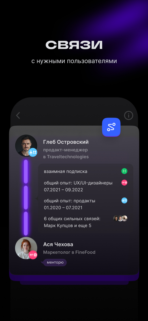 Setka — career social network - Interface of Setka app showing mutual professional connections and shared work experience between two users.