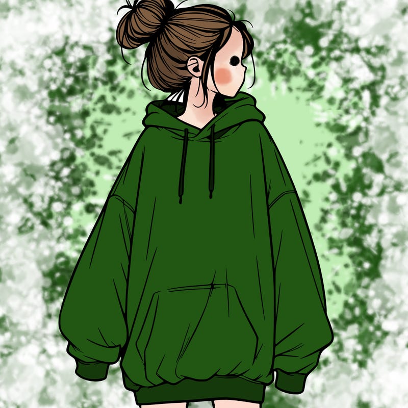 realistic girl with a oversized sweatshirt on and a bun